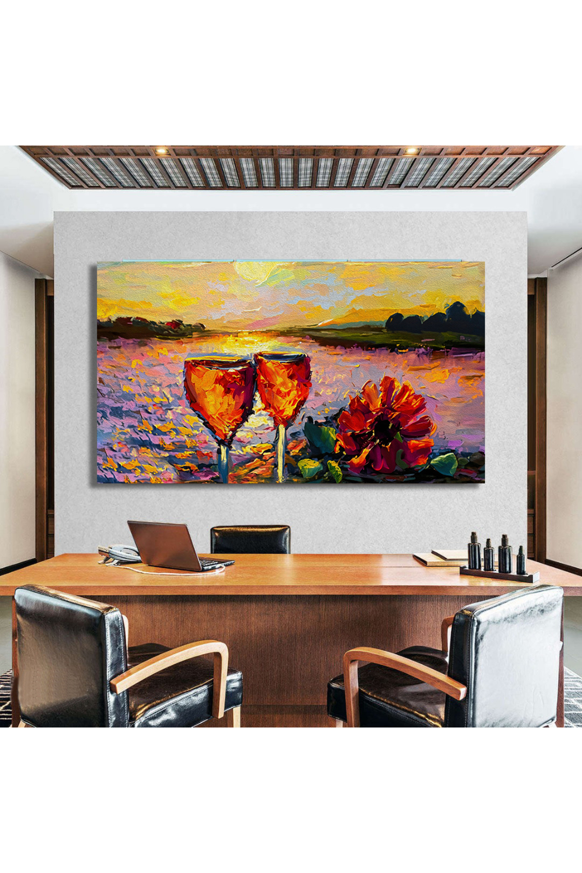 Korkmazkanvas Yağlı Boya, Lezzetli Şarap, Gün Batımında Nehir Kıyısında Bir Çiç