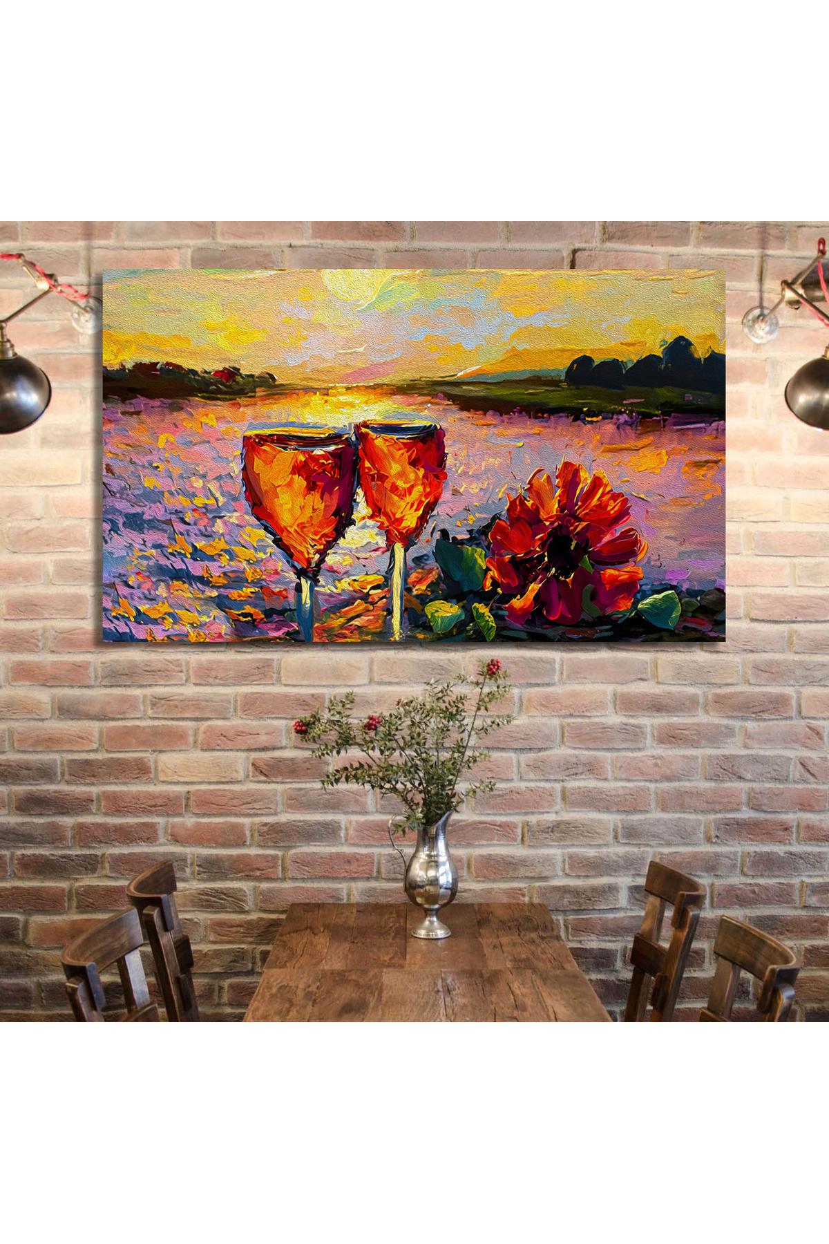 Korkmazkanvas Yağlı Boya, Lezzetli Şarap, Gün Batımında Nehir Kıyısında Bir Çiç