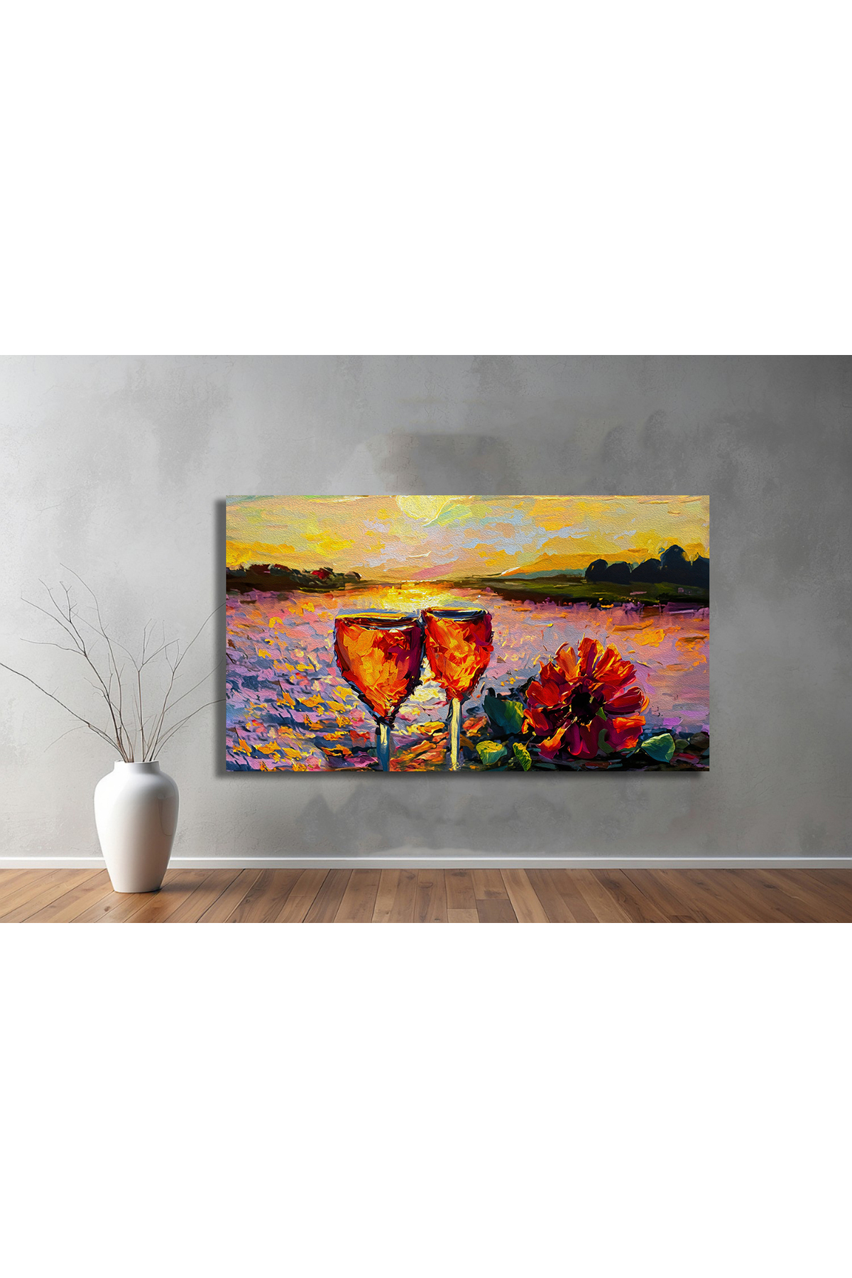 Korkmazkanvas Yağlı Boya, Lezzetli Şarap, Gün Batımında Nehir Kıyısında Bir Çiç