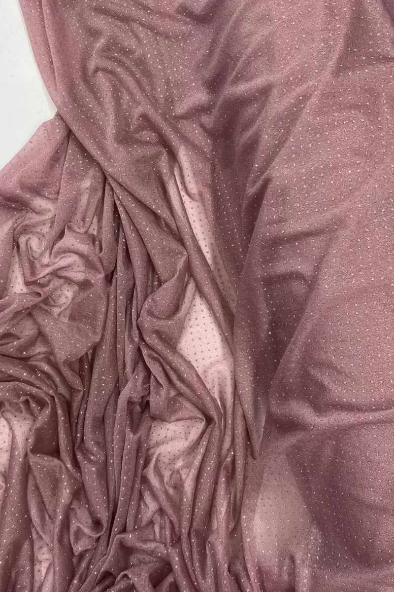 Yağmur Damlası Simli Abiye Elbise Şallık Tül Kumaş Koyu Gül Kurus