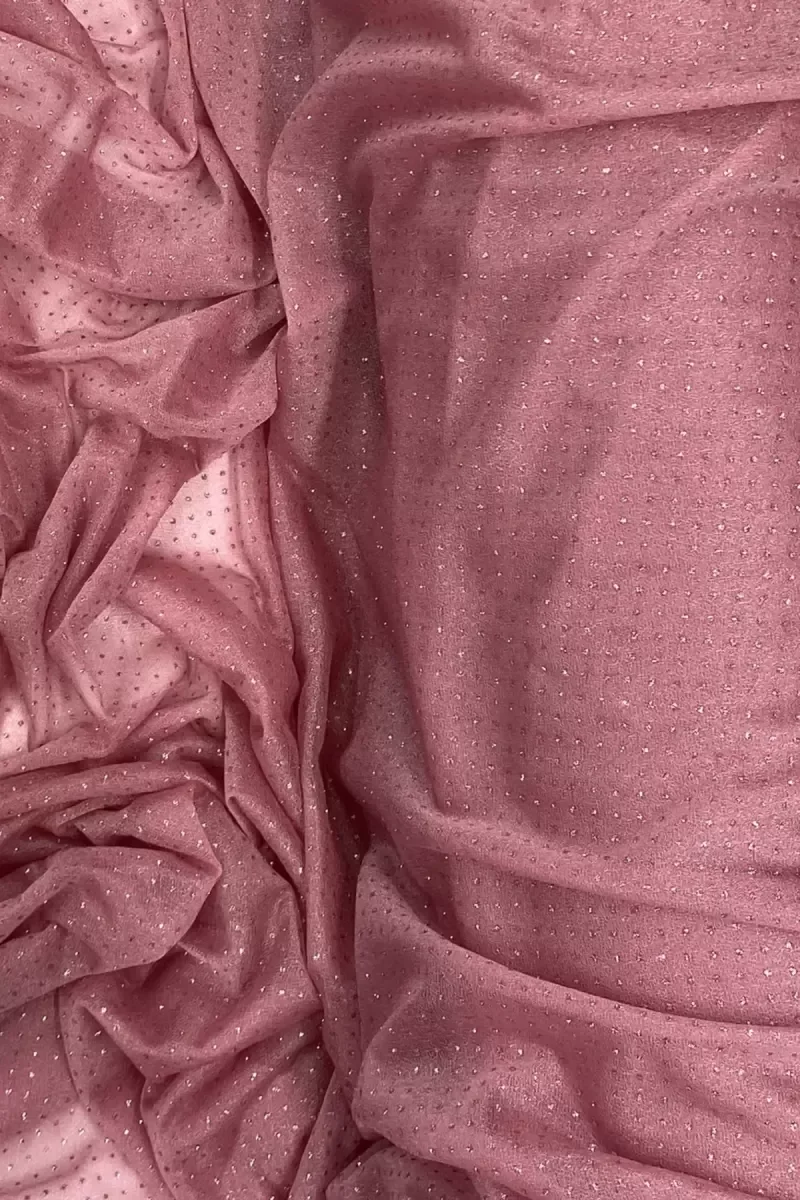 Yağmur Damlası Simli Abiye Elbise Şallık Tül Kumaş Gül Kurusu 32-