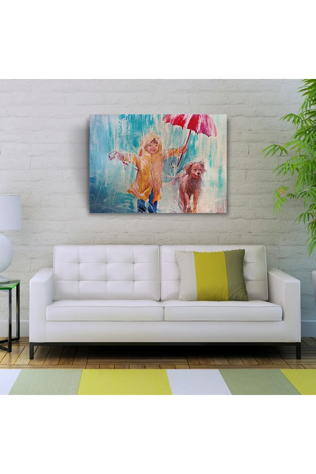 Yağmurda Koşan Çocuk ve Köpeği Kanvas Tablo 50 x 70