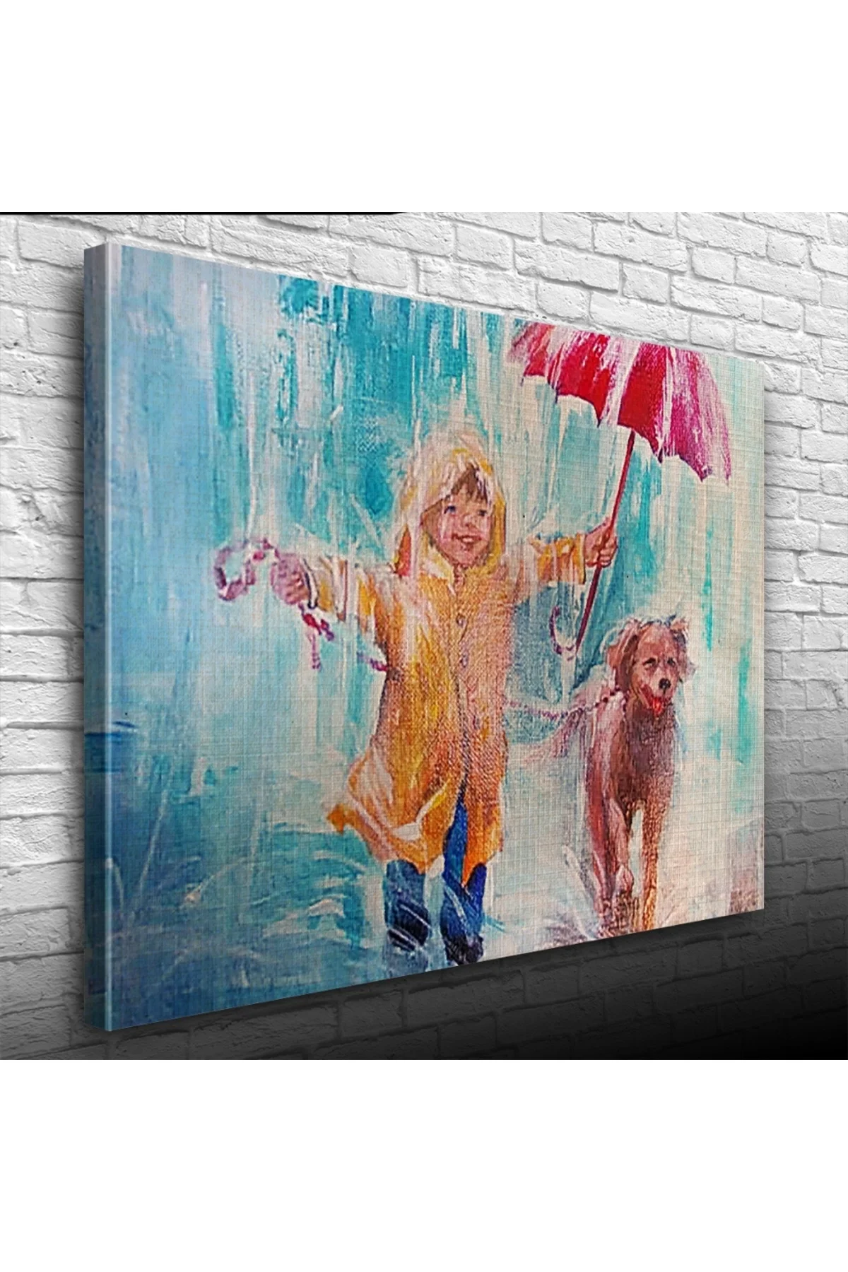 Yağmurda Koşan Çocuk ve Köpeği Kanvas Tablo 50 x 70