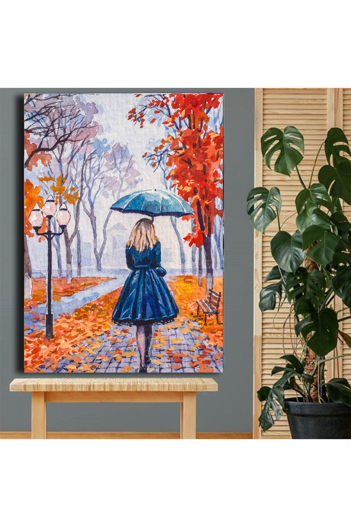 Korkmazkanvas Yağmurda Şemsiyeyle Yürüyen Kadın. Kırmızı Yapraklı Sonbahar Ağaç
