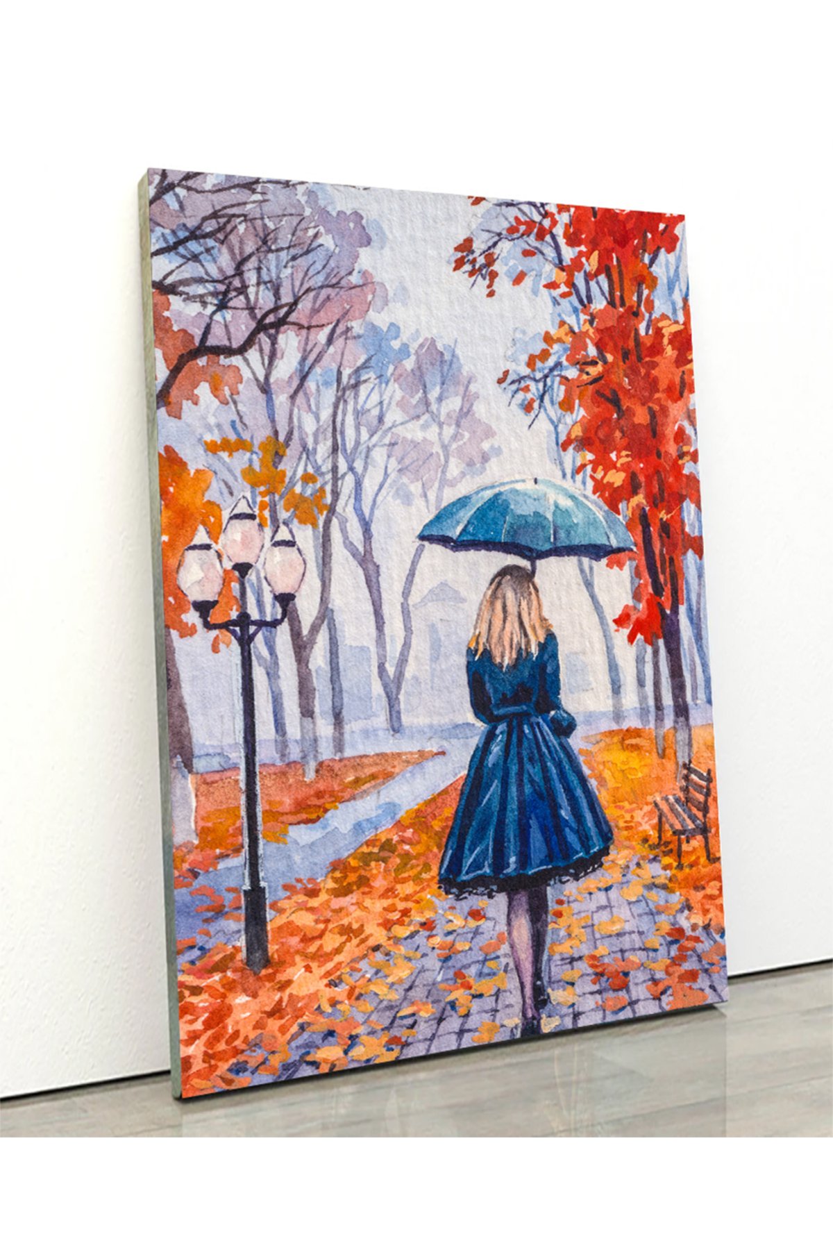 Korkmazkanvas Yağmurda Şemsiyeyle Yürüyen Kadın. Kırmızı Yapraklı Sonbahar Ağaç