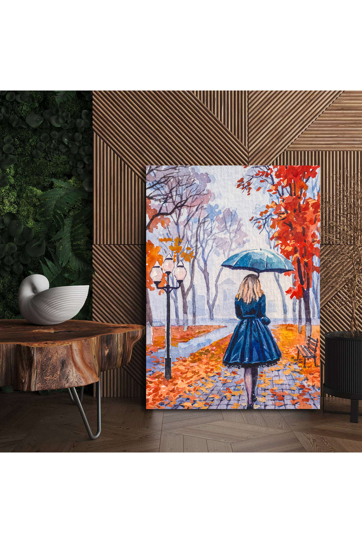 Korkmazkanvas Yağmurda Şemsiyeyle Yürüyen Kadın. Kırmızı Yapraklı Sonbahar Ağaç