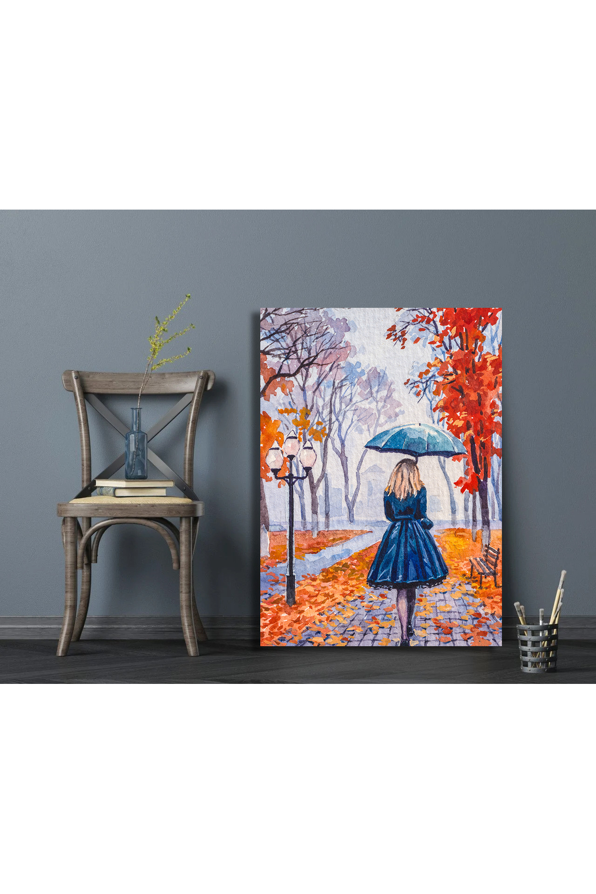 Korkmazkanvas Yağmurda Şemsiyeyle Yürüyen Kadın. Kırmızı Yapraklı Sonbahar Ağaç
