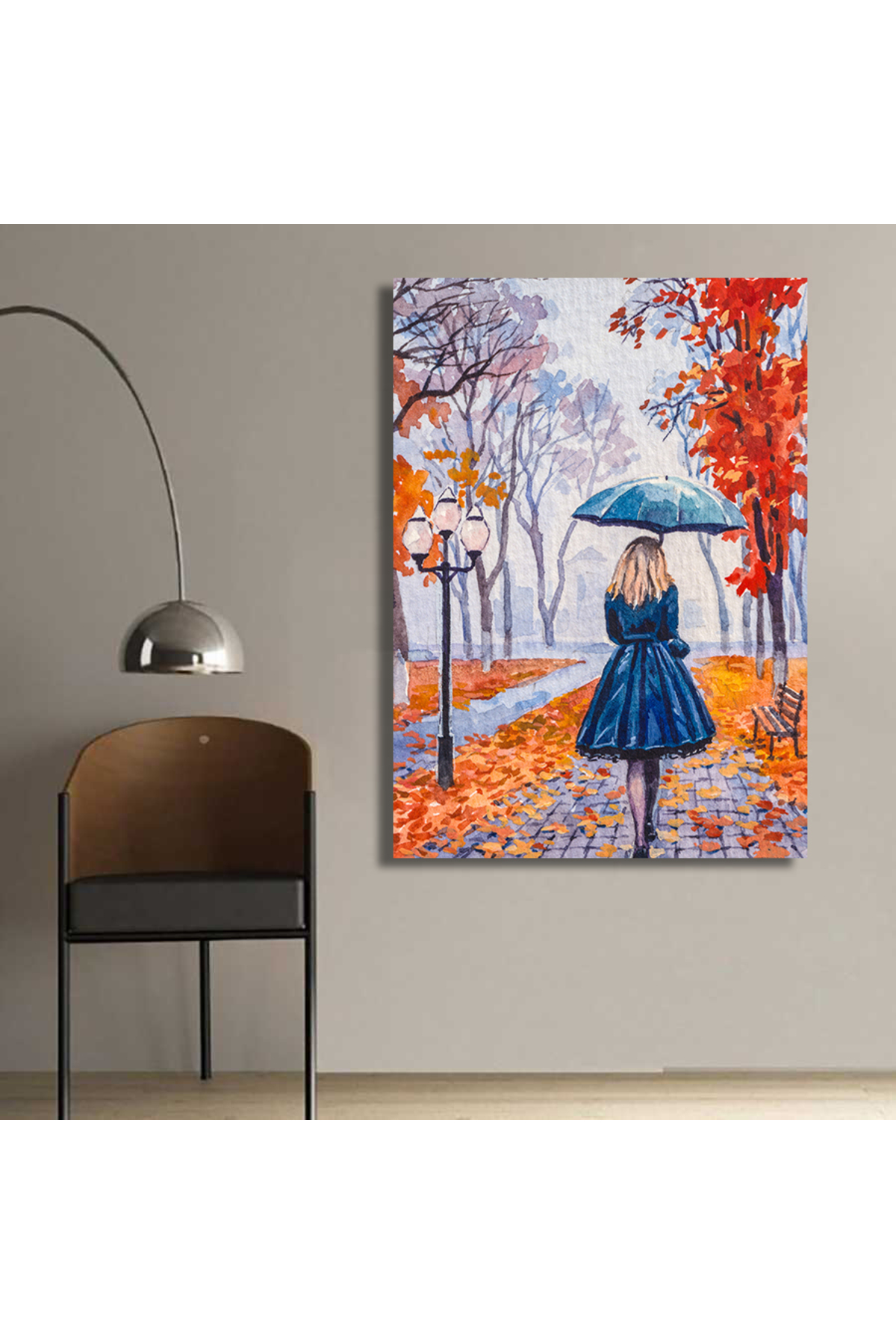 Korkmazkanvas Yağmurda Şemsiyeyle Yürüyen Kadın. Kırmızı Yapraklı Sonbahar Ağaç