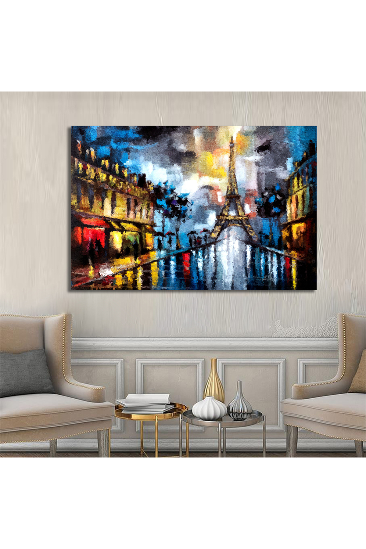 Korkmazkanvas Yağmurlu Bir Gün Paris, Eyfel Kulesi Şemsiye. Kanvas Tablo