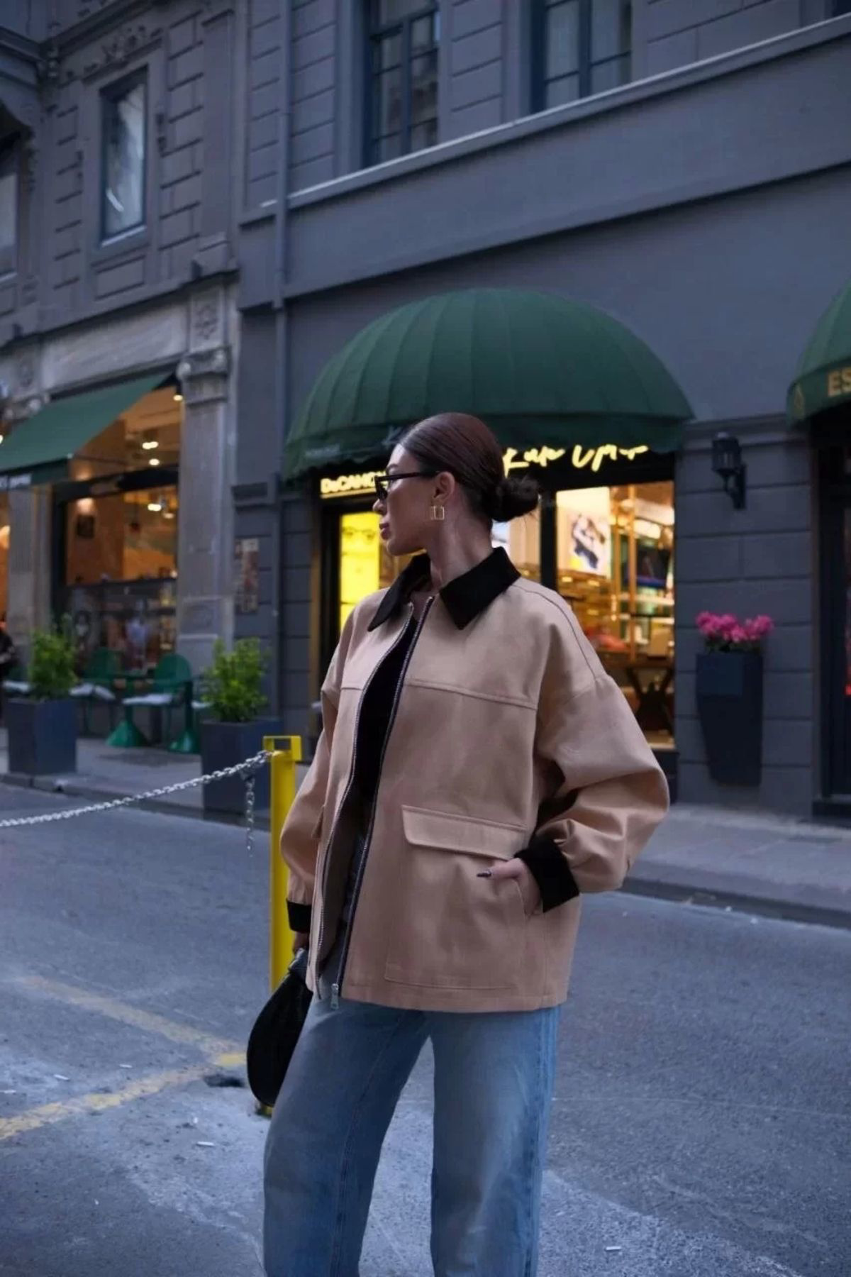 Yaka Ve Kol Kadife Gabardin Ceket - Kahve