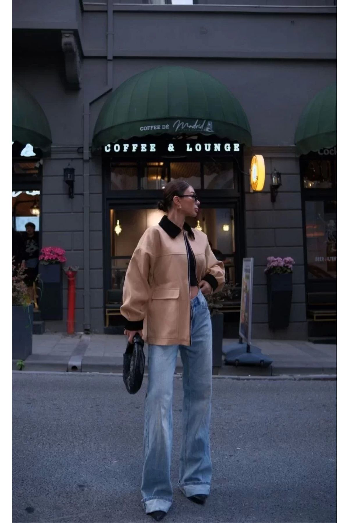 Yaka Ve Kol Kadife Gabardin Ceket - Kahve