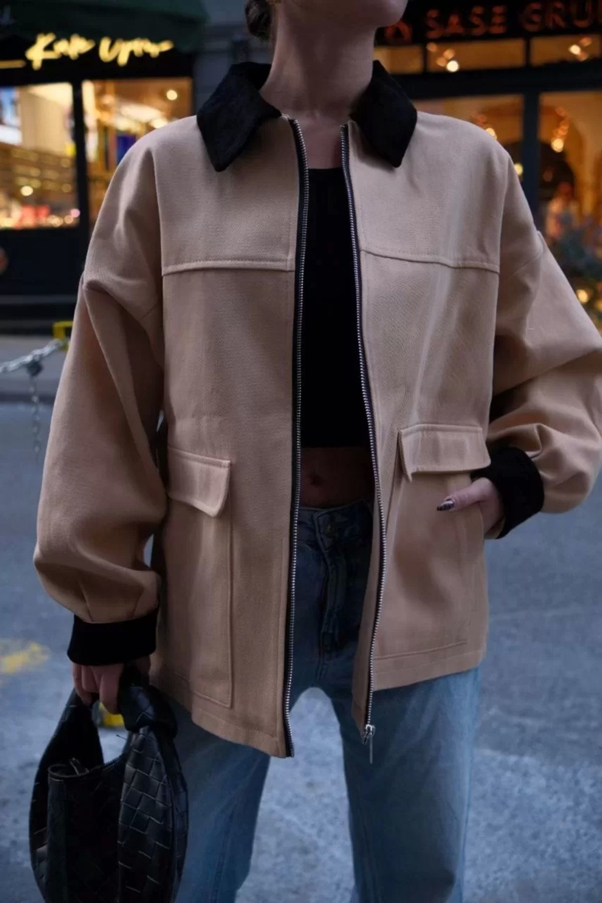 Yaka Ve Kol Kadife Gabardin Ceket - Kahve