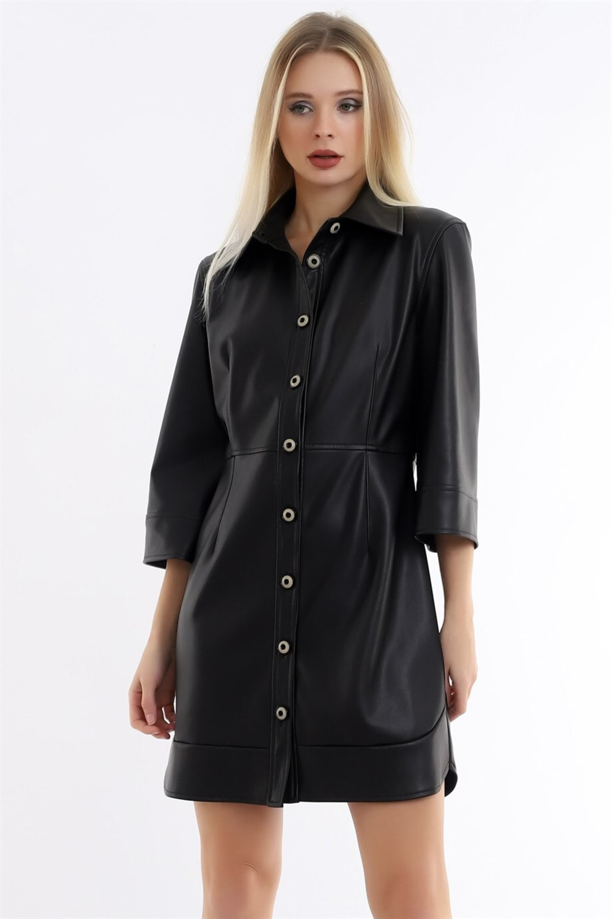 Yakalı Önü Düğmeli Uzun Kollu Yumuşak Ve Esnek Deri Şık Elbise