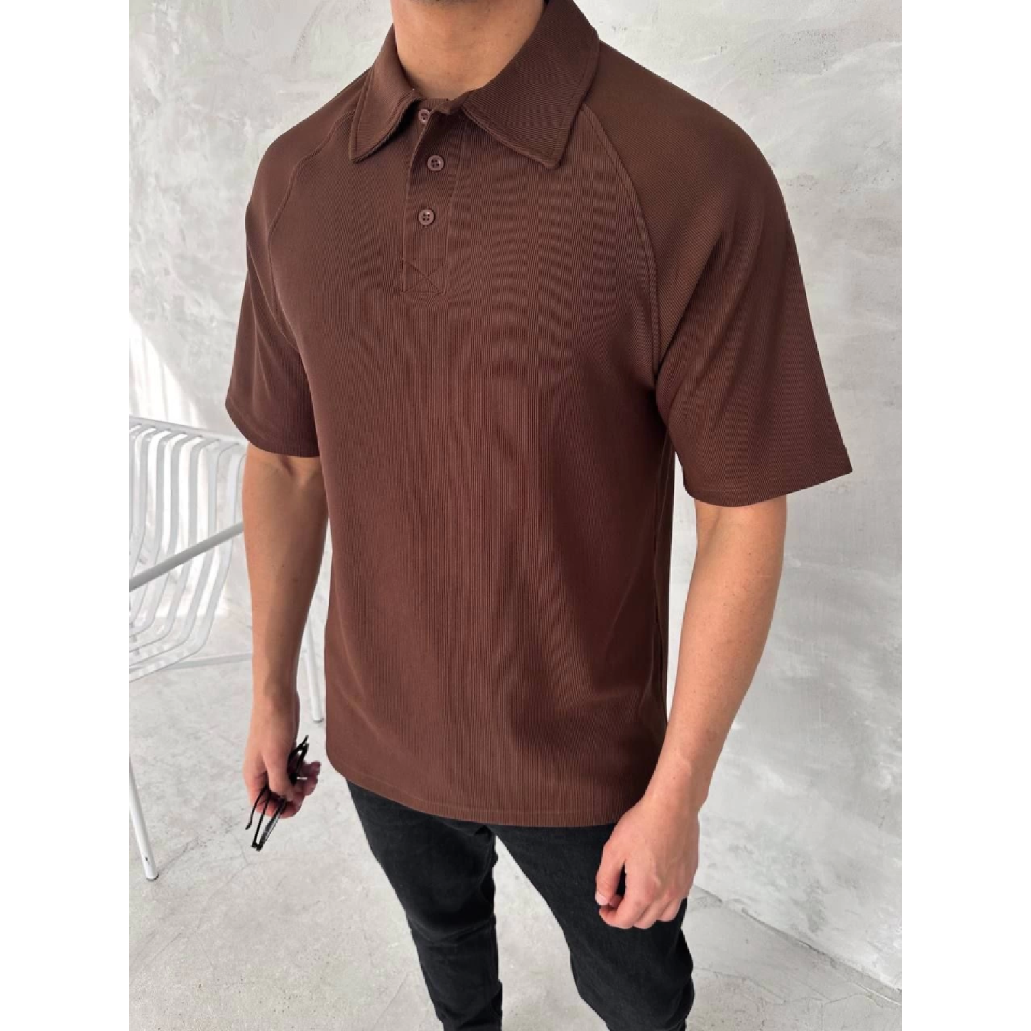 Yakalı Patlı Kısa Kol T-shirt - Kahverengi