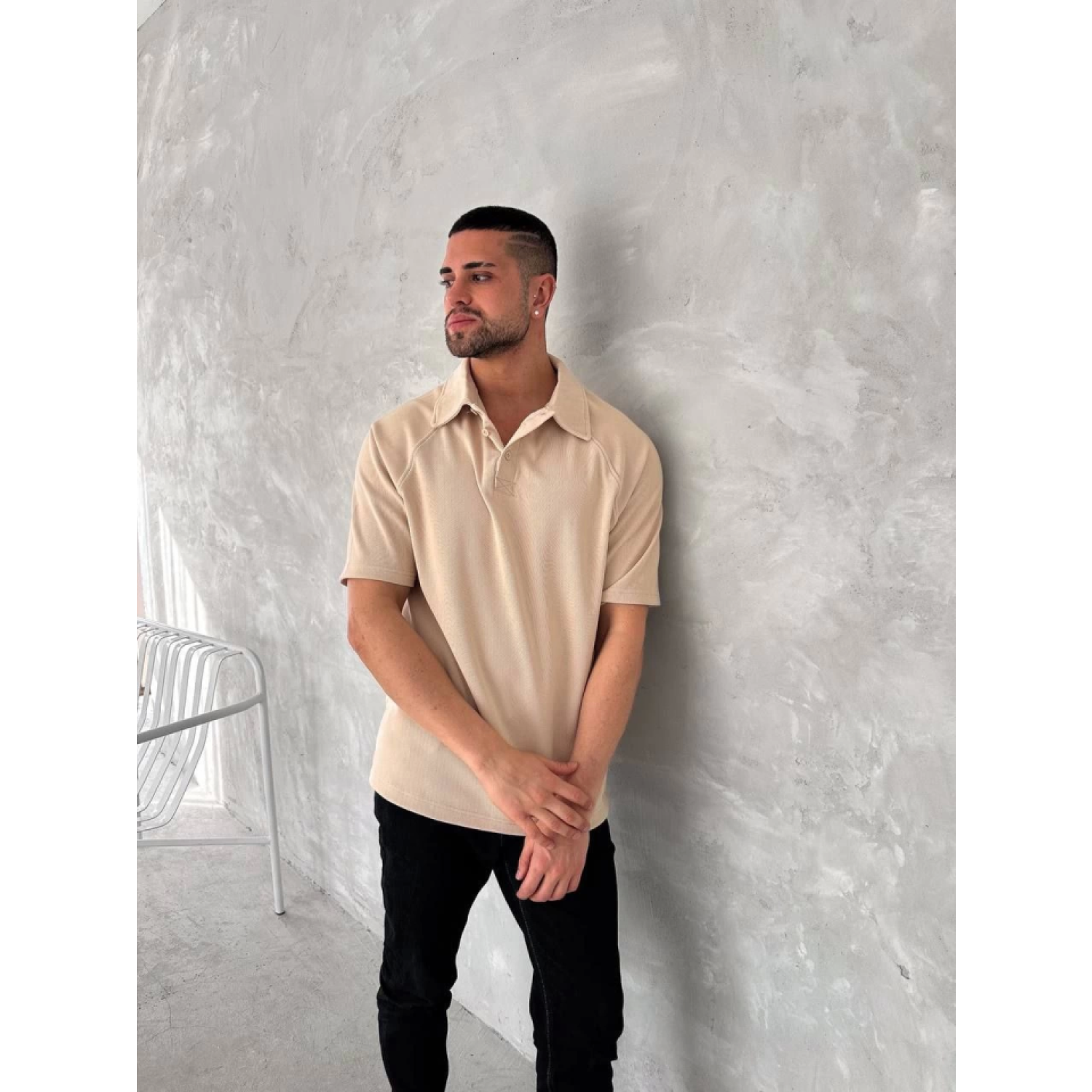 Yakalı Patlı Kısa Kol T-shirt - Bej