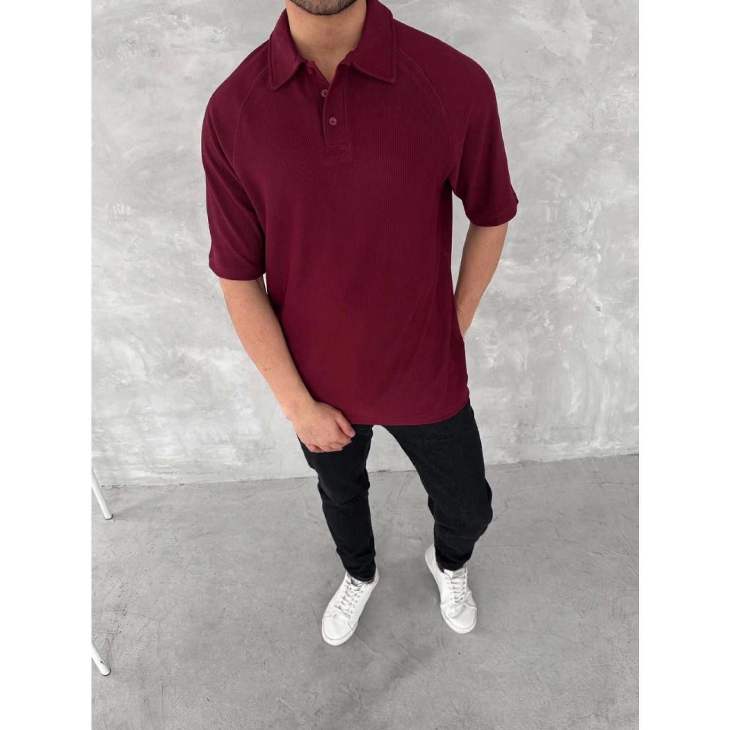 Yakalı Patlı Kısa Kol T-shirt - Bordo