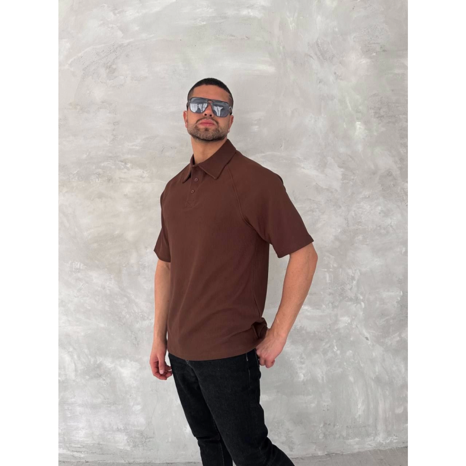 Yakalı Patlı Kısa Kol T-shirt - Kahverengi
