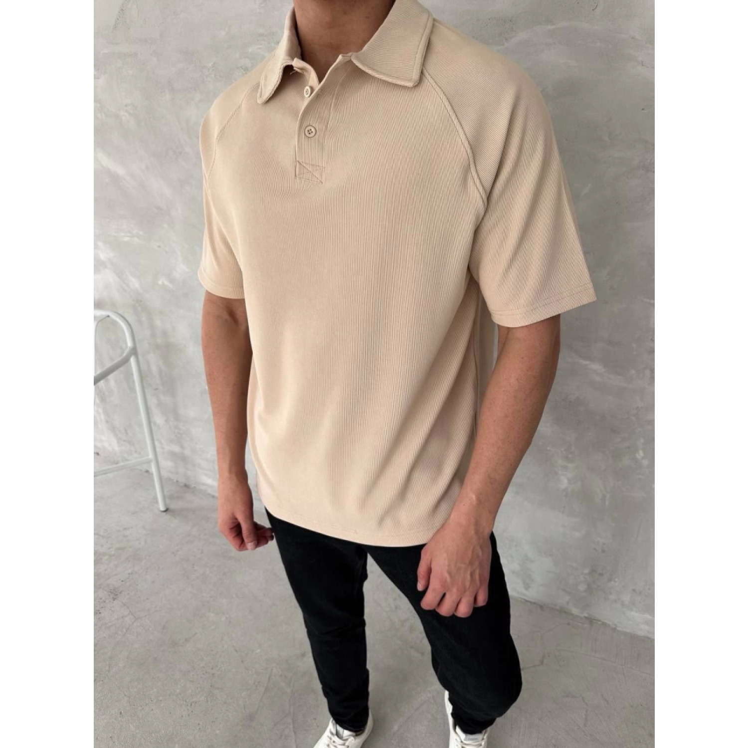 Yakalı Patlı Kısa Kol T-shirt - Bej