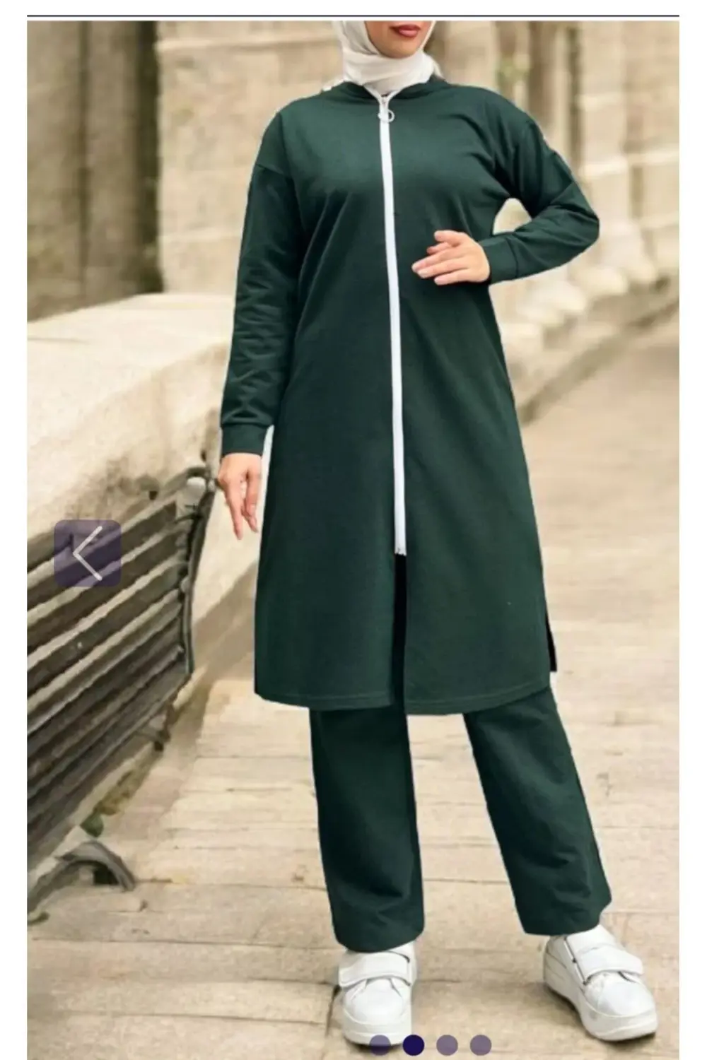 Yakası Biyeli Boydan Fermuarlı İki İp Penye Takım -Zümrüt