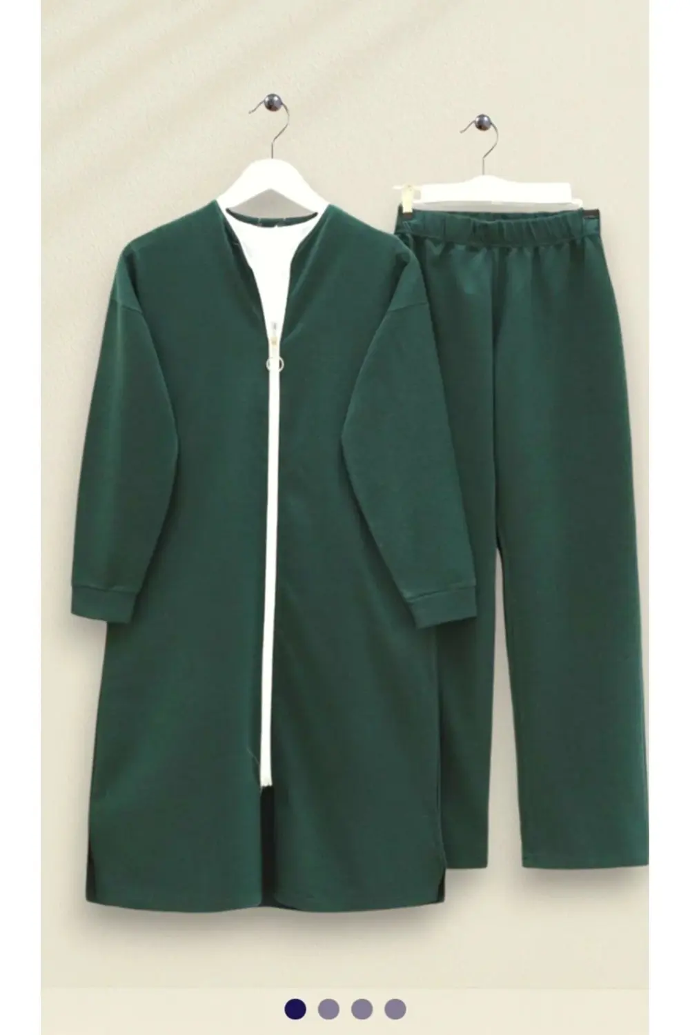 Yakası Biyeli Boydan Fermuarlı İki İp Penye Takım -Zümrüt