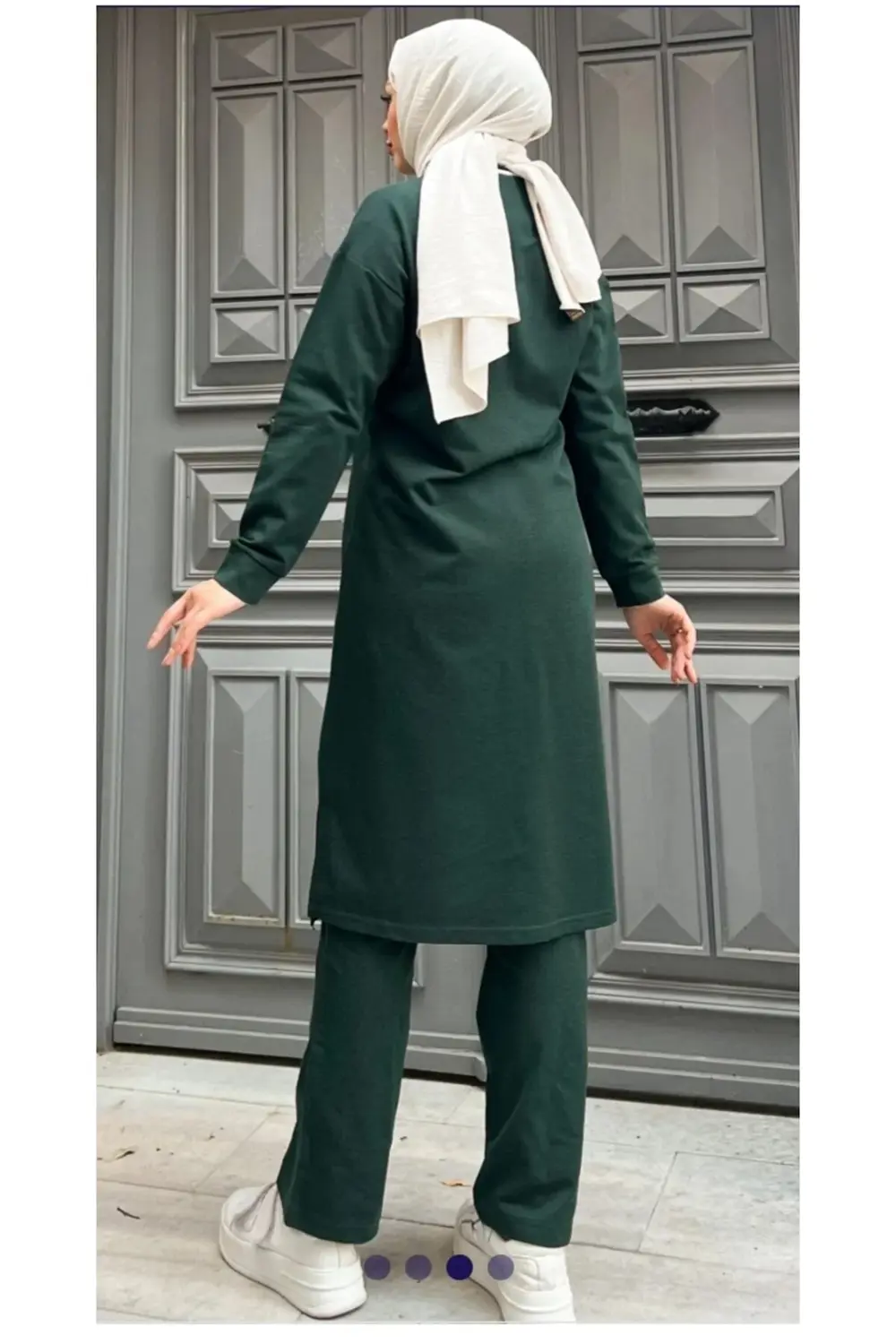 Yakası Biyeli Boydan Fermuarlı İki İp Penye Takım -Zümrüt