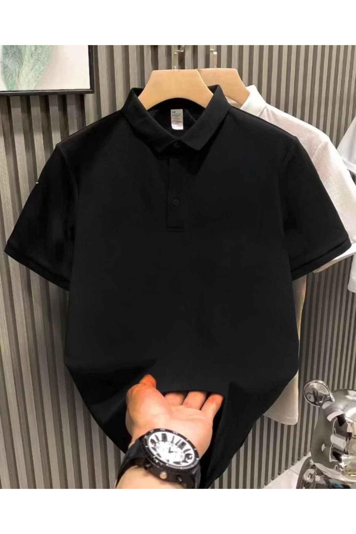Yakası Düğmeli Yakalı Pike Düz T-shirt - Siyah