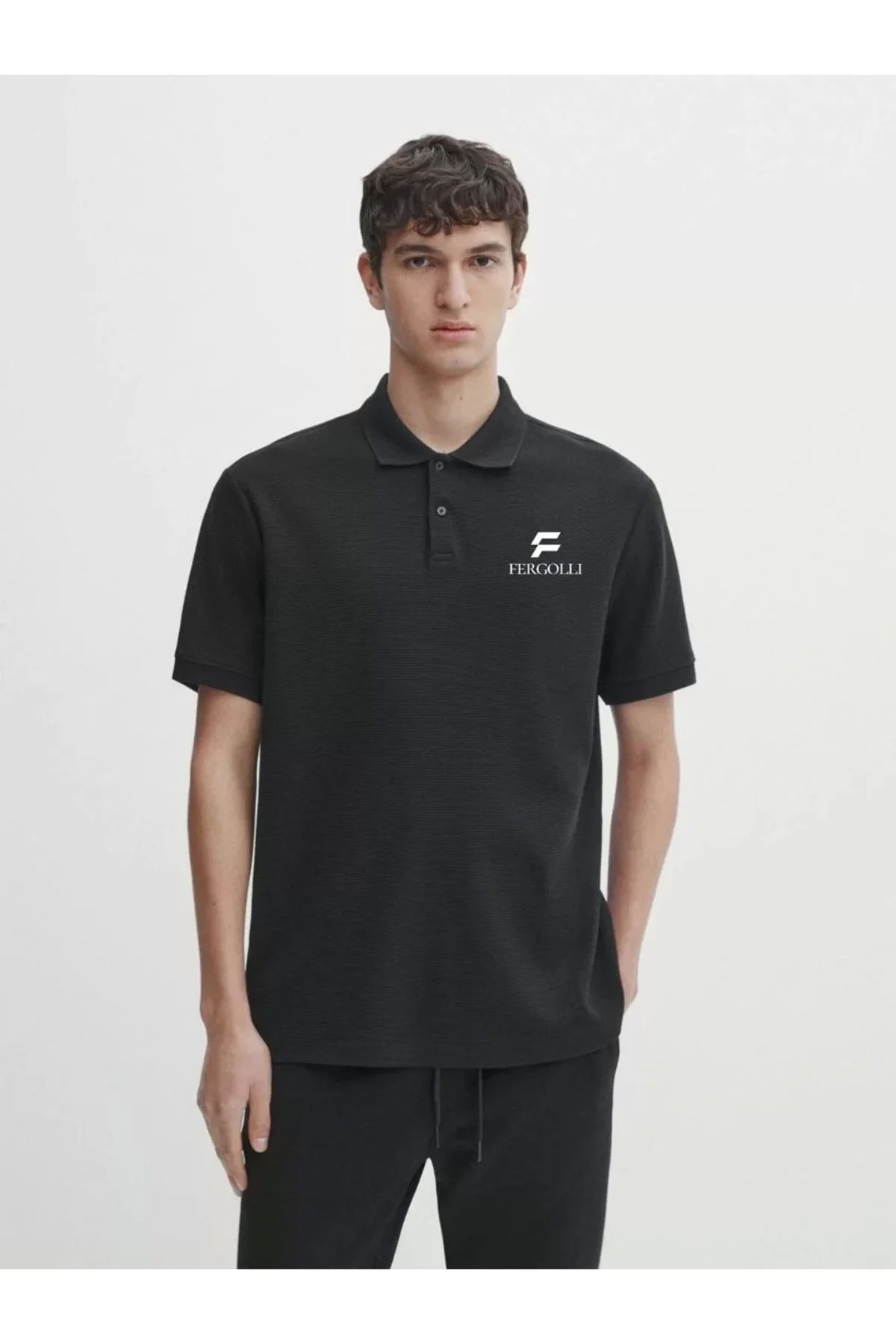 Yakası Düğmeli Yakalı Pike Baskılı T-Shirt - Beyaz
