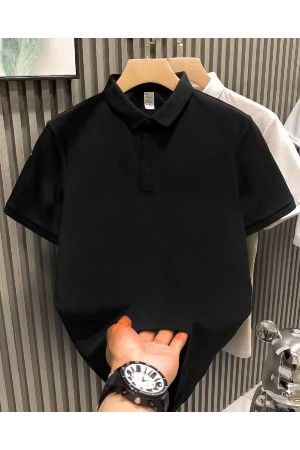 Yakası Düğmeli Yakalı Pike Düz T-shirt - Siyah