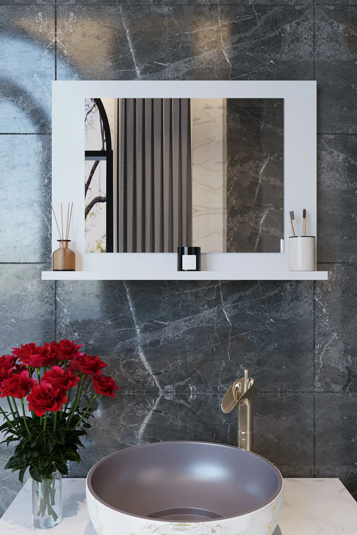 Yakut Dresuar,60x45 Beyaz Raflı Banyo Aynası Beyaz