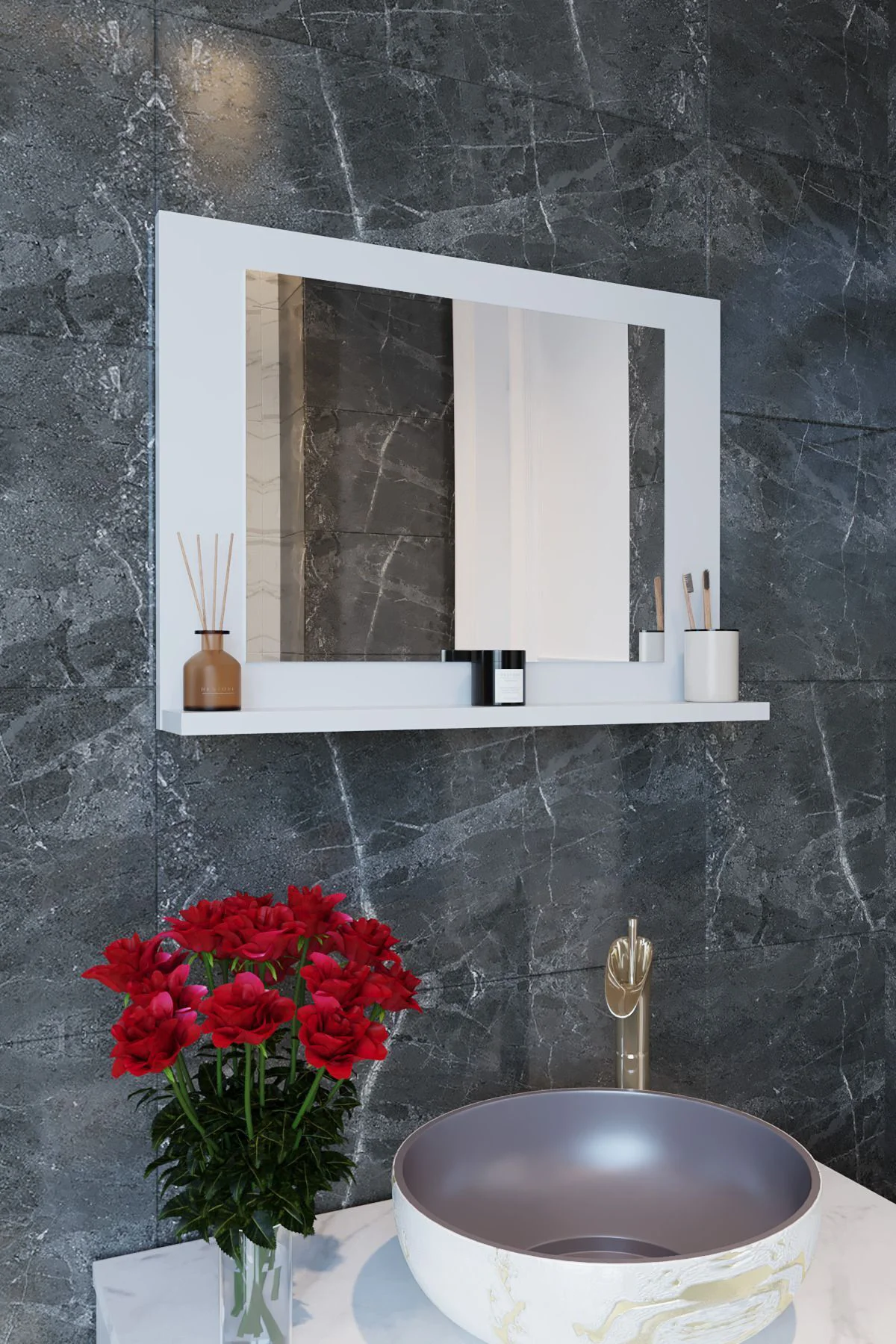 Yakut Dresuar,60x45 Beyaz Raflı Banyo Aynası Beyaz
