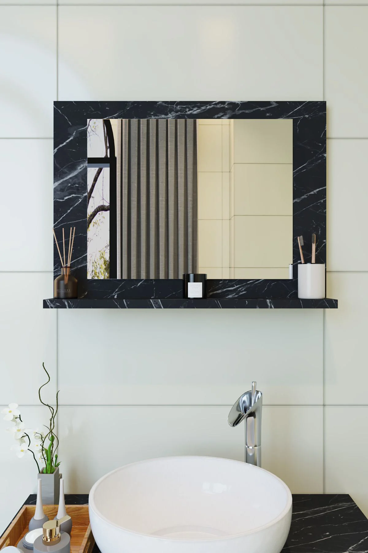 Yakut Dresuar,60x45 Mermer Raflı Banyo Aynası