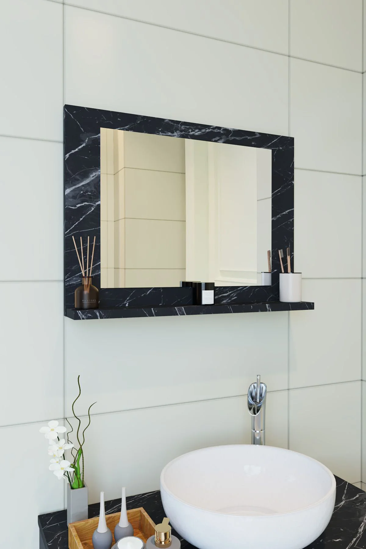 Yakut Dresuar,60x45 Mermer Raflı Banyo Aynası