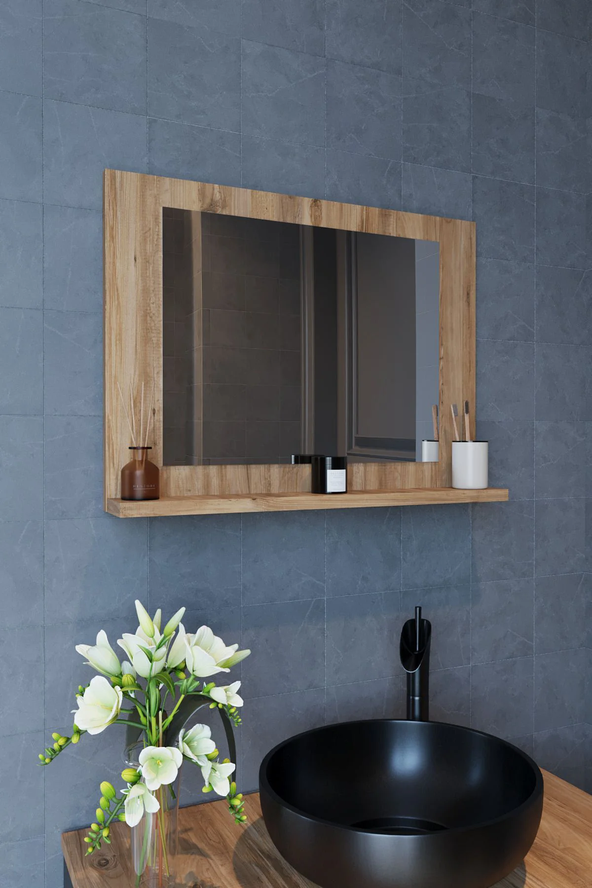 Yakut Dresuar,60x45 Raflı Banyo Aynası Atlantik Çam