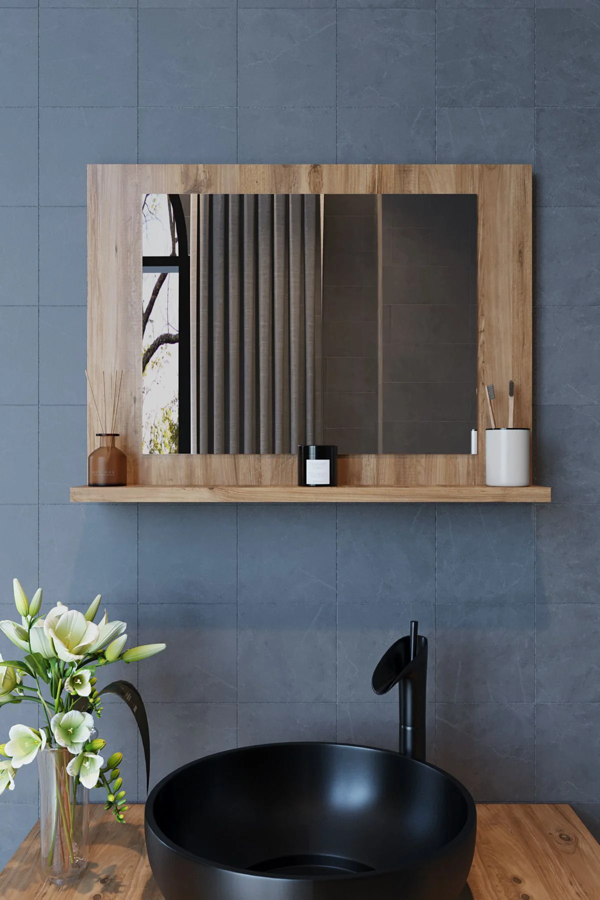 Yakut Dresuar,60x45 Raflı Banyo Aynası Atlantik Çam