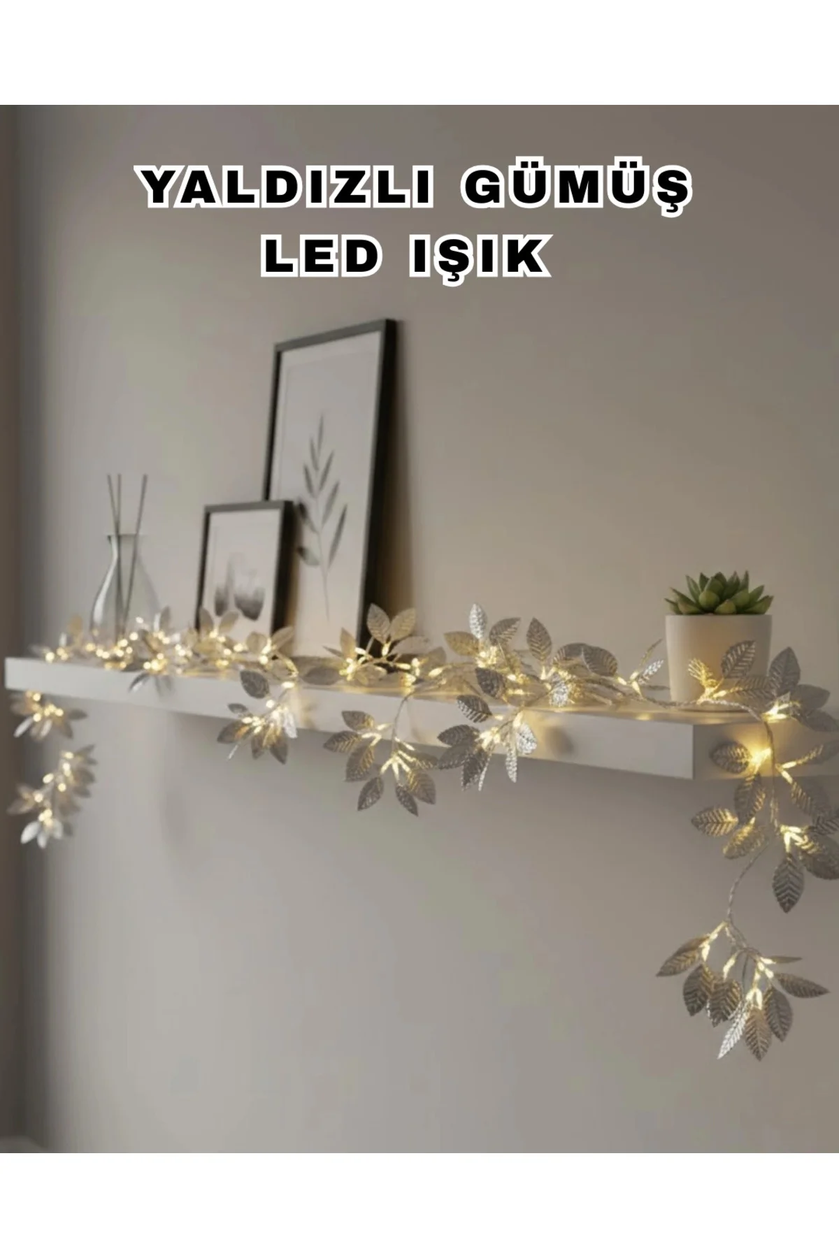 Yaldızlı Gümüş Yaprak Led Işık Pilli Dekoratif Ortam Ve Yılbaşı A