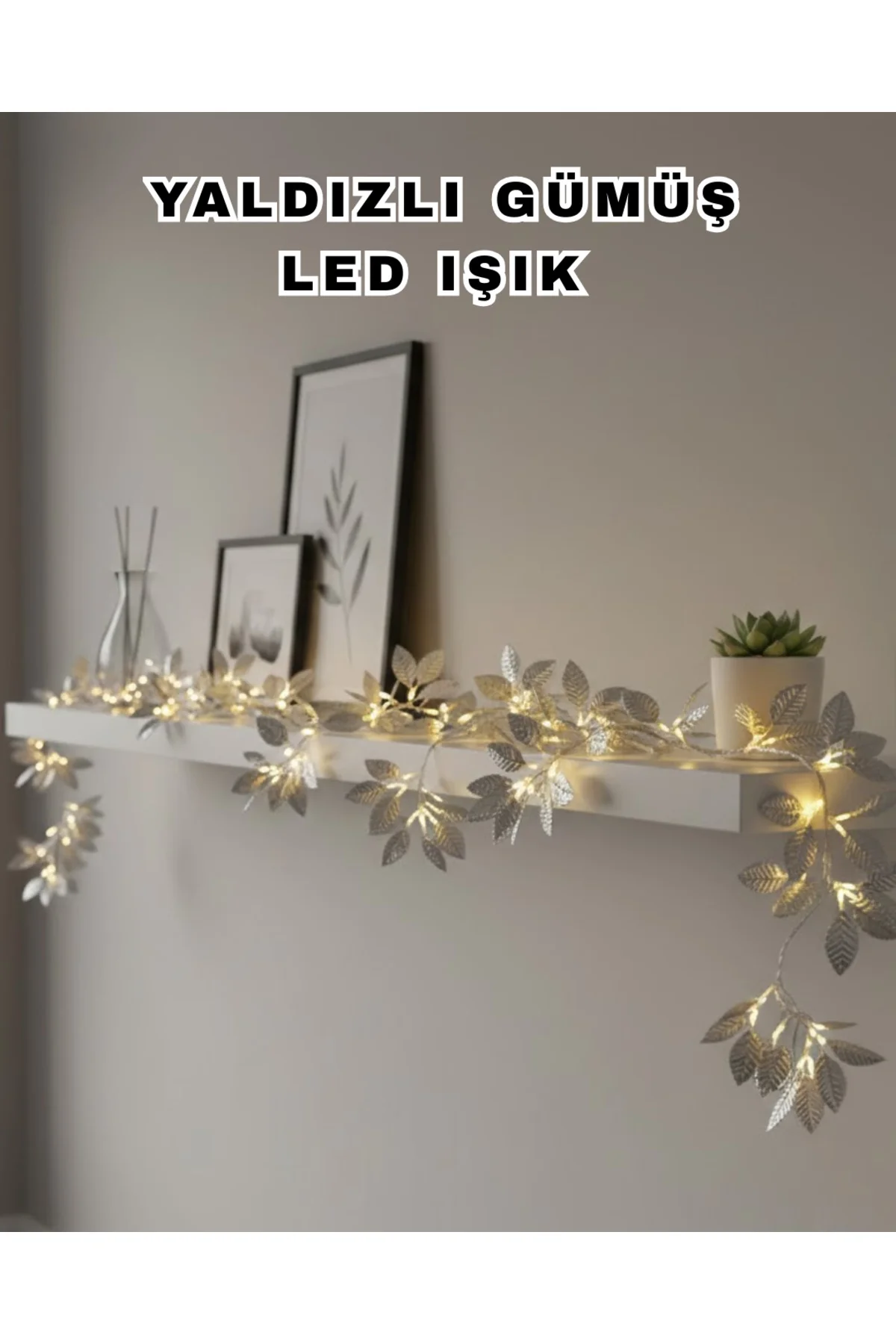 Yaldızlı Gümüş Yaprak LED Işık Pilli Dekoratif Ortam ve Yılbaşı Aydınlatması