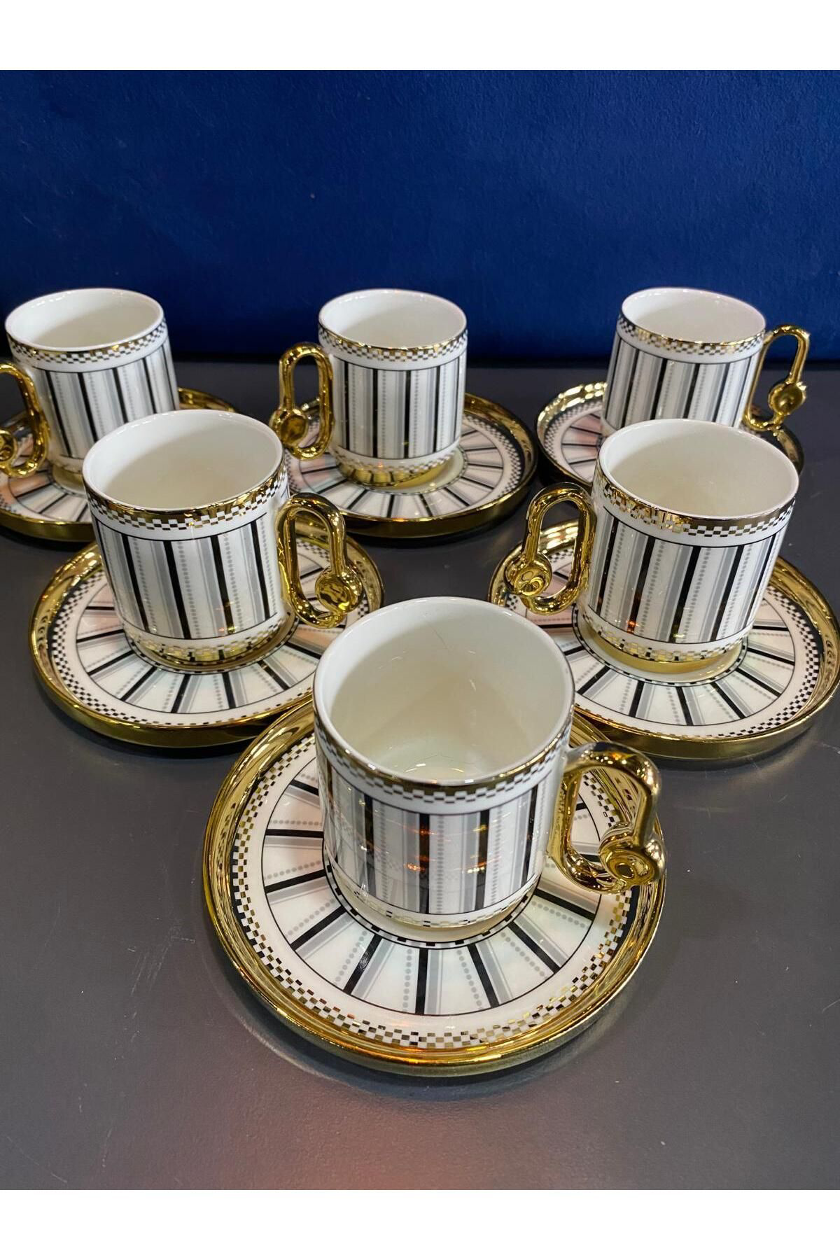 Elif Aksesuar Yaldızlı Porselen Çizgili Kahve Fincan Takımı 6 Lı