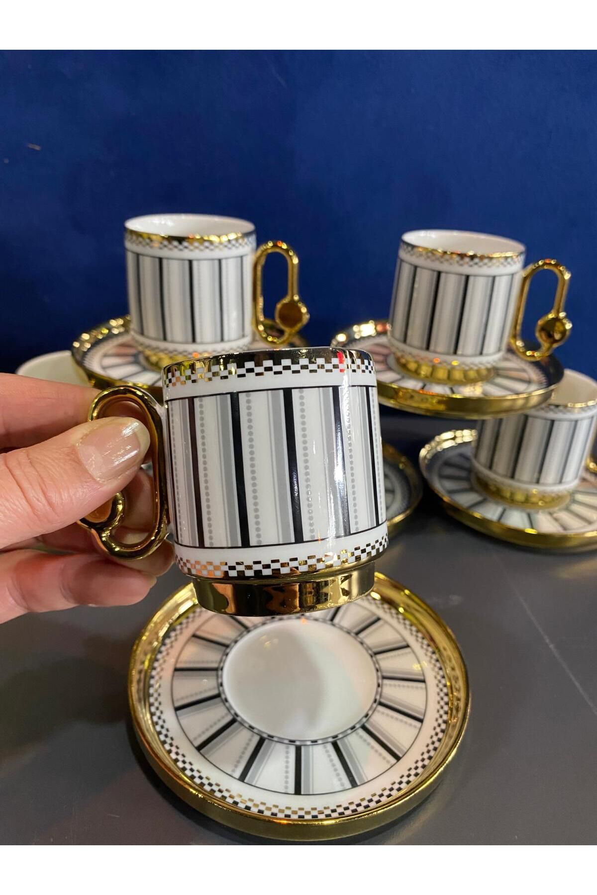 Elif Aksesuar Yaldızlı Porselen Çizgili Kahve Fincan Takımı 6 Lı