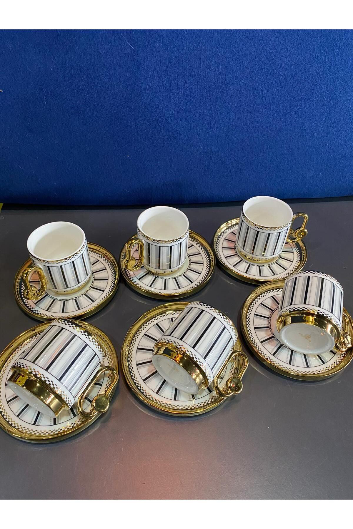 Elif Aksesuar Yaldızlı Porselen Çizgili Kahve Fincan Takımı 6 Lı