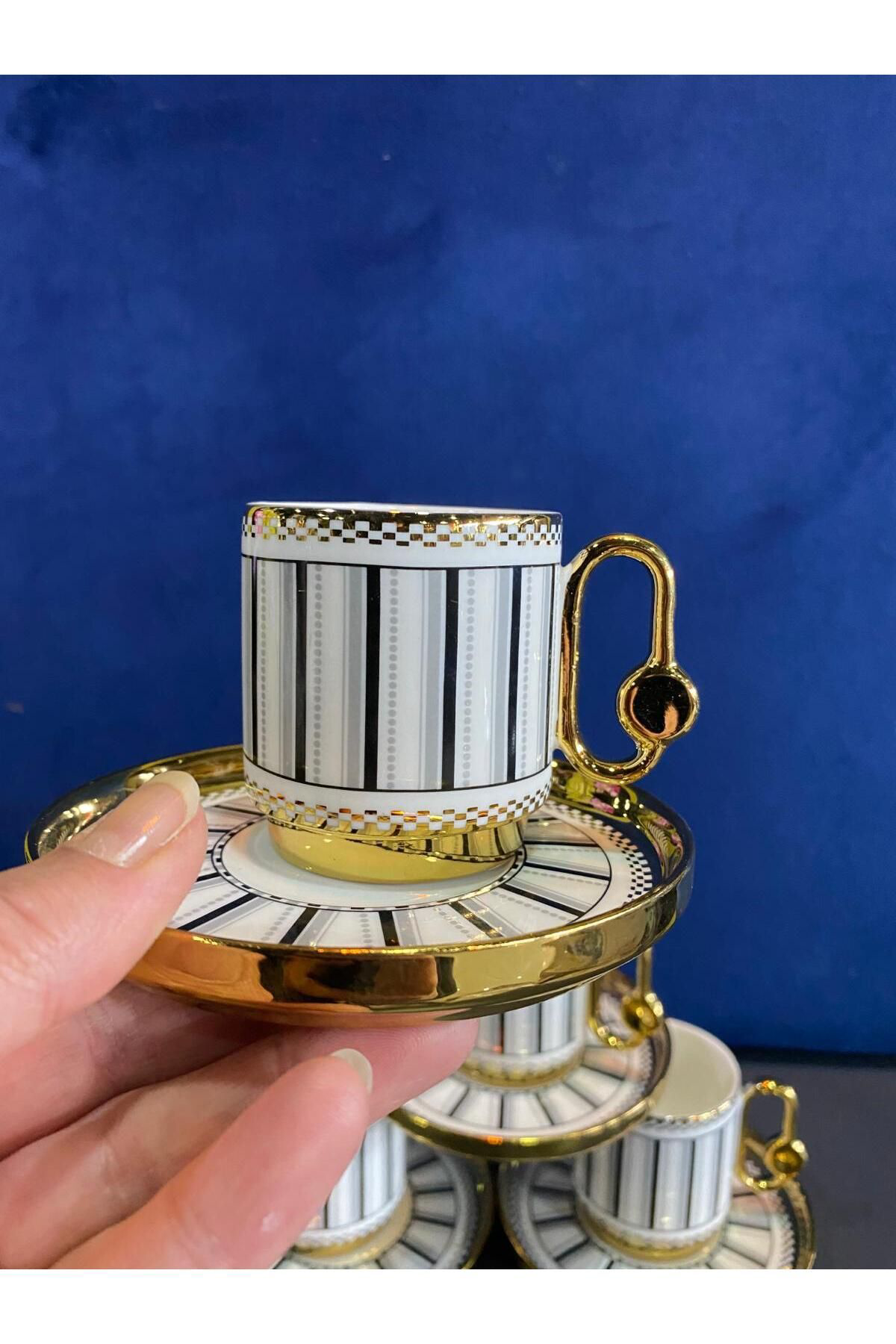 Elif Aksesuar Yaldızlı Porselen Çizgili Kahve Fincan Takımı 6 Lı