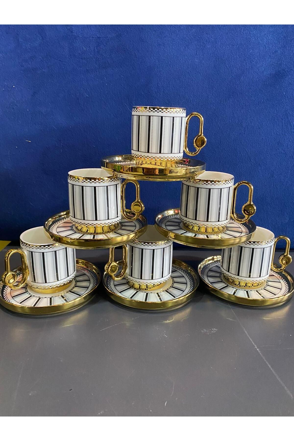 Elif Aksesuar Yaldızlı Porselen Çizgili Kahve Fincan Takımı 6 Lı