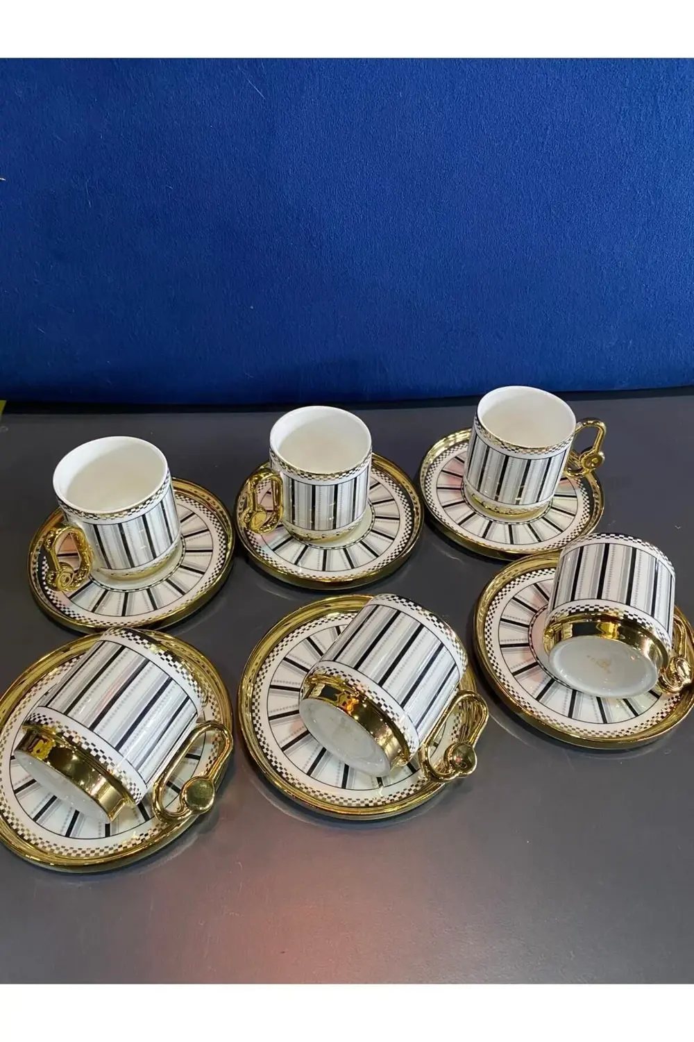 Yaldızlı Porselen Çizgili Kahve Fincan Takımı 6 Lı
