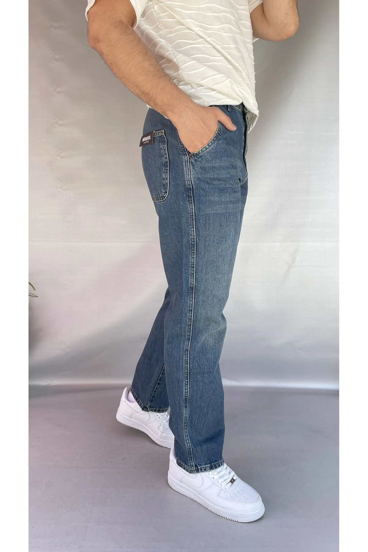 Yan Cepli Düz Baggy Jean