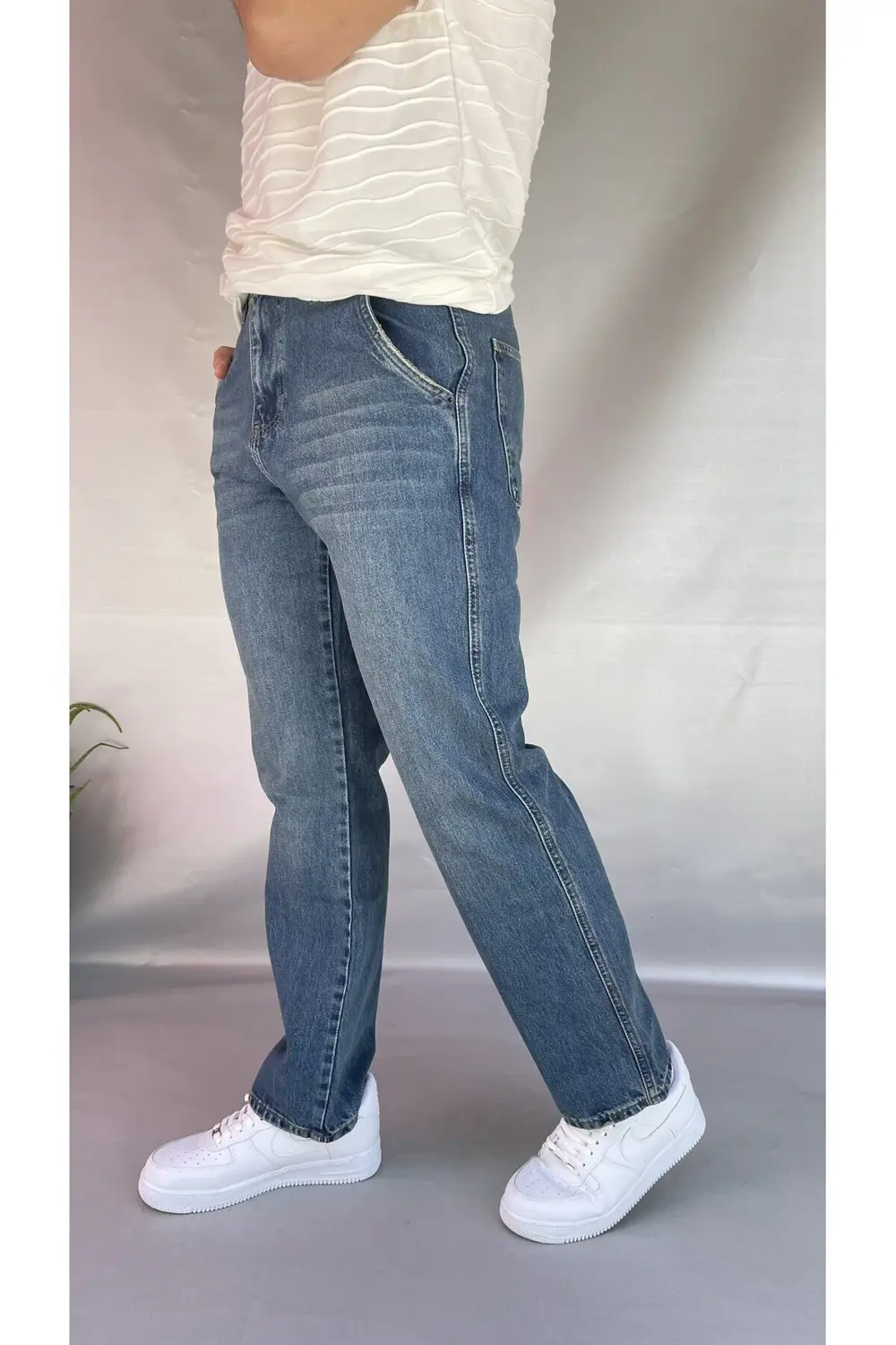 Yan Cepli Düz Baggy Jean