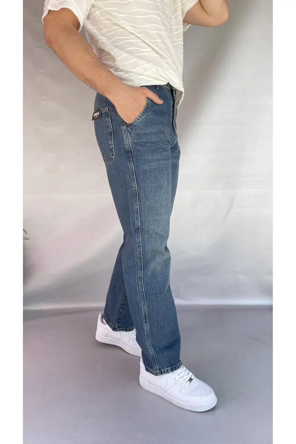 Yan Cepli Düz Baggy Jean
