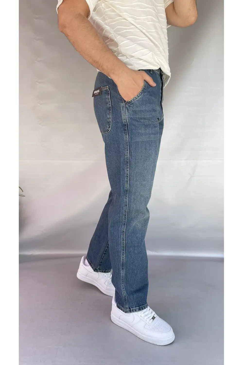 Yan Cepli Düz Baggy Jean