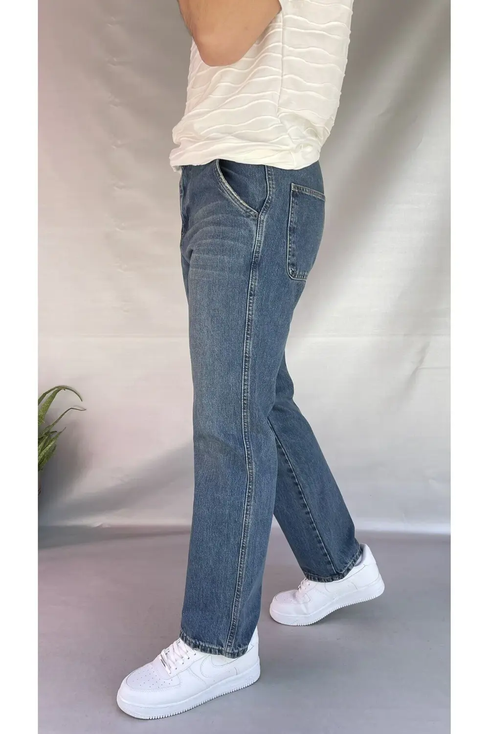 Yan Cepli Düz Baggy Jean