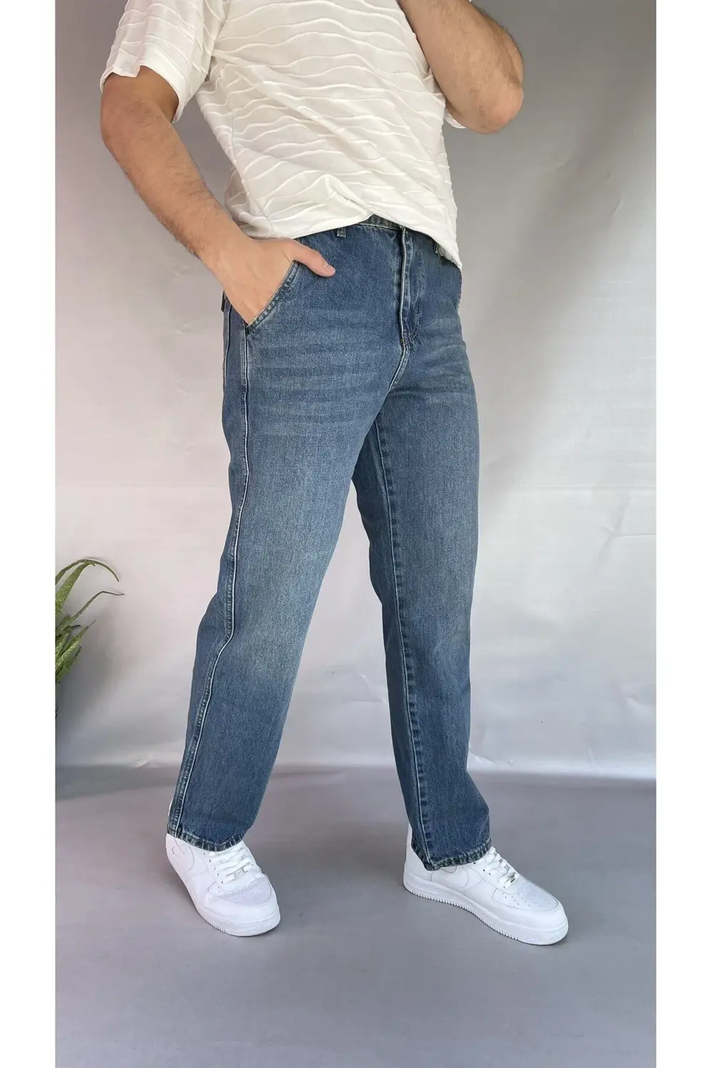 Yan Cepli Düz Baggy Jean