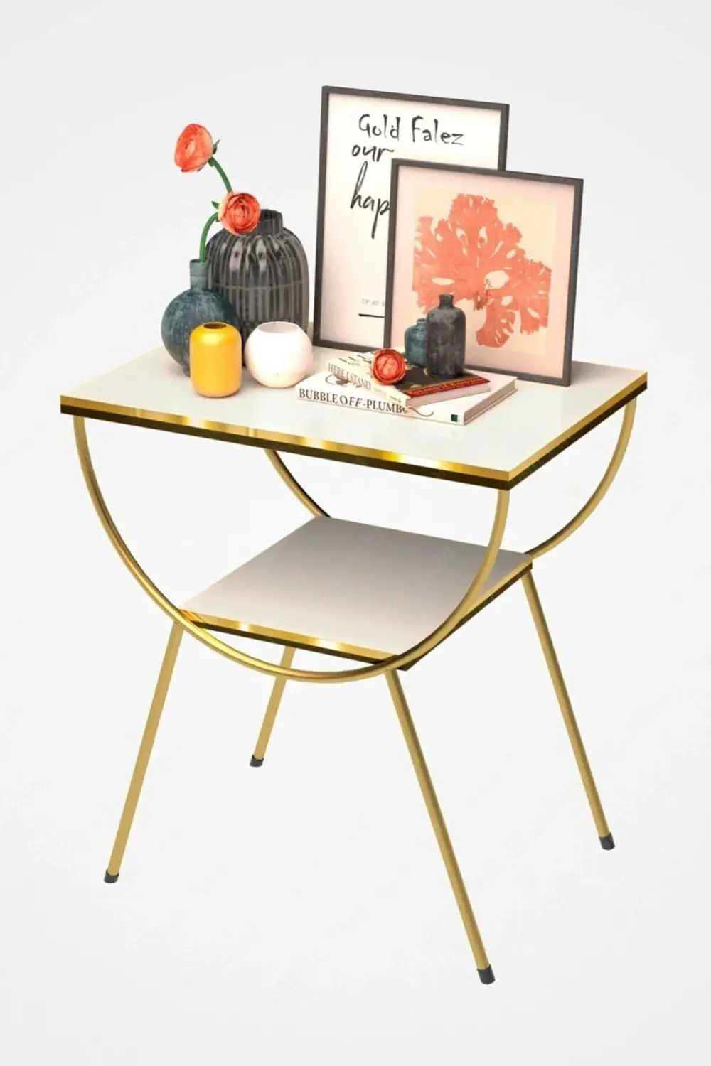 Yan Sehpa Komodin Metal Ayak Çift Gold Beyaz