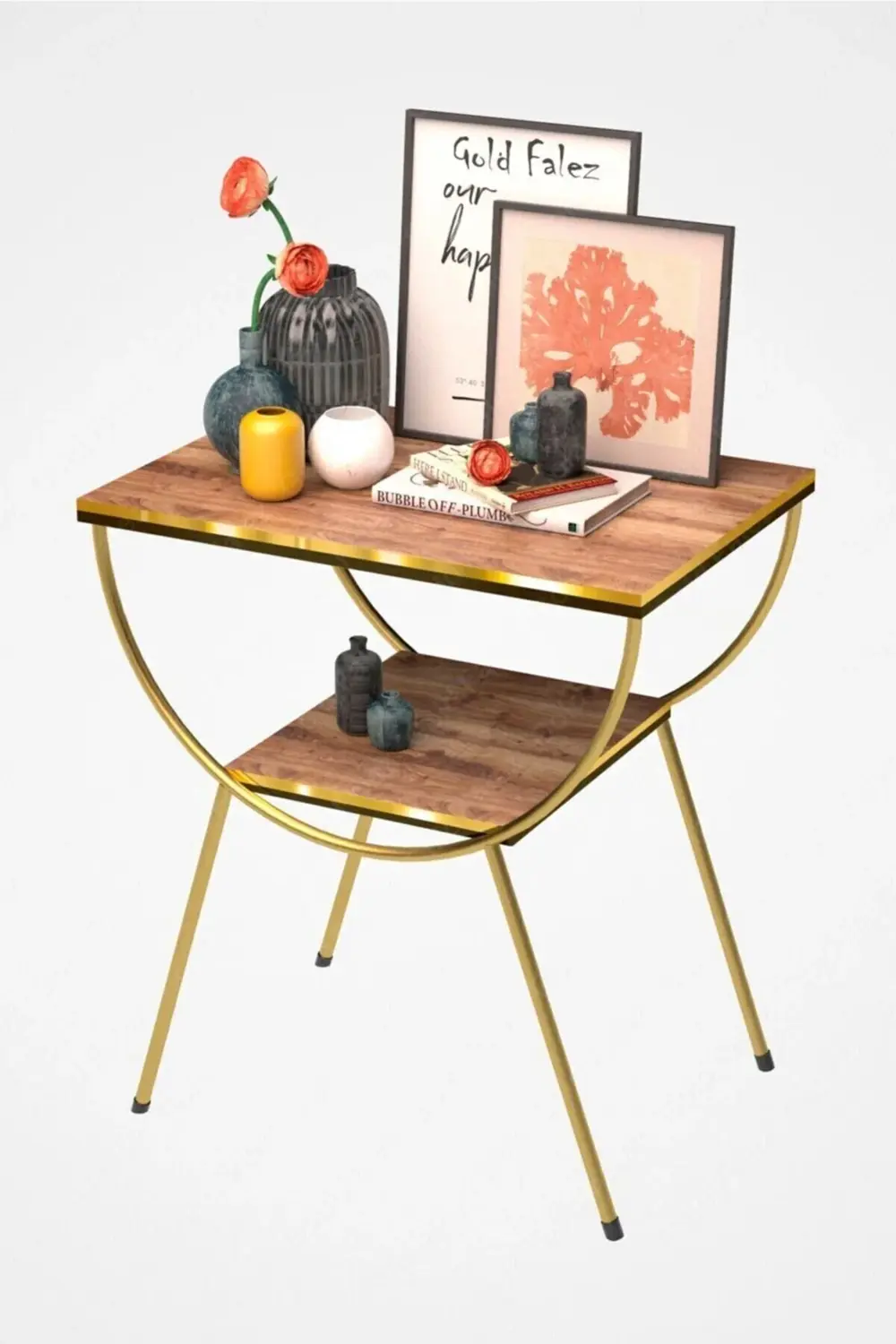 Yan Sehpa Komodin Metal Ayak Çift Gold Ceviz